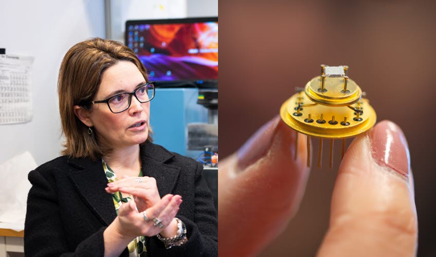 Kvinnlig uppfinnare som visar en konstgjord näsa