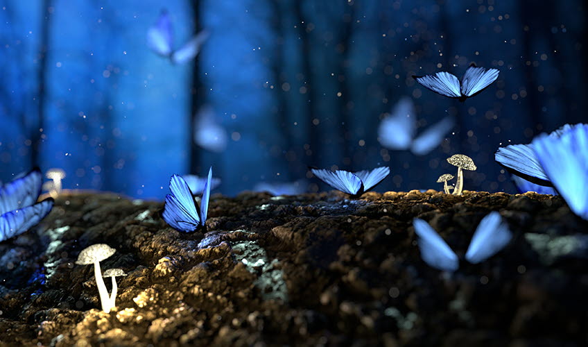 Drömmigt blått landskap med blåa fjärilar