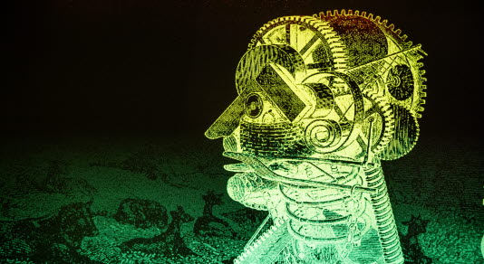 Abstrakt tecknad bild med en persons huvud i genomskärning.