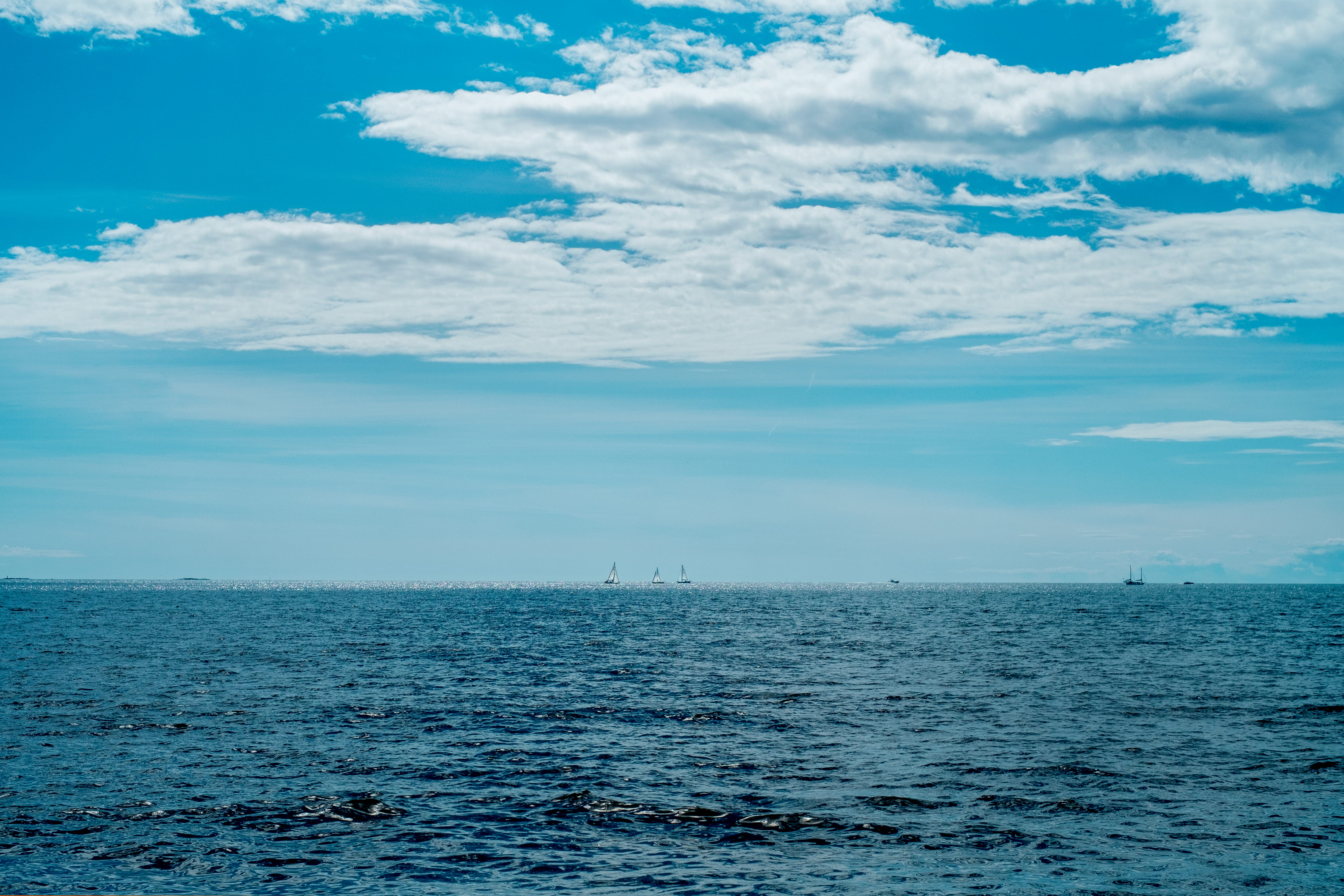 Havsbild med segelbåtar längst bort vid horisonten.
