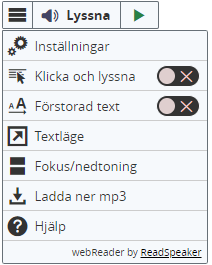 Skärmklipp från ReadSpeakers hjälpmeny